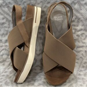 Eileen Fisher Trek Mesh criss-cross slingback sandal Tan Cream Women size 7✨EUC✨